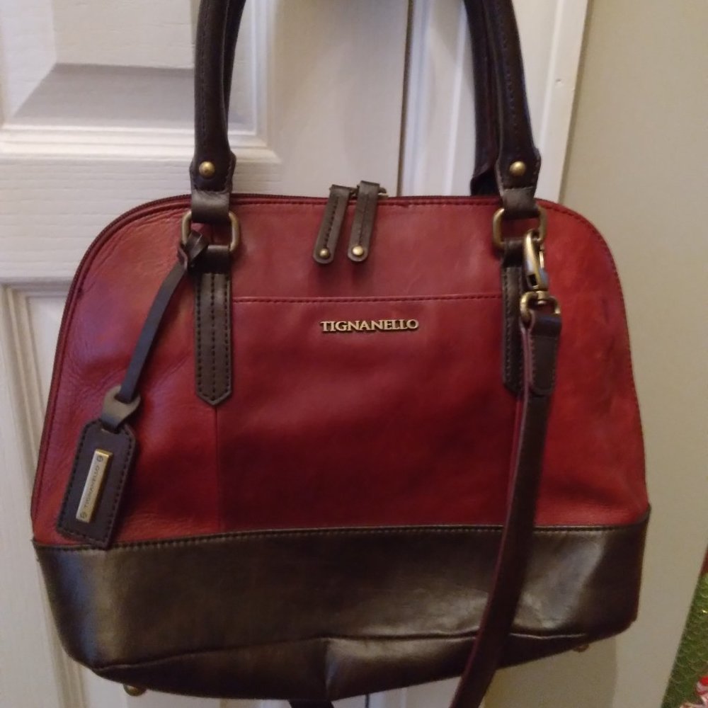 Tignanello Zip Zip Style Satchel in Genuine Suede Shoulder Bag in Burgundy/Brown